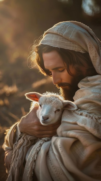 Jesus Christ holding a little lamb of Easter holiday concept