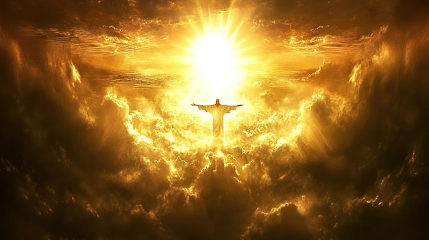 Photo jesus christ is standing on the clouds with open his arms and above sky