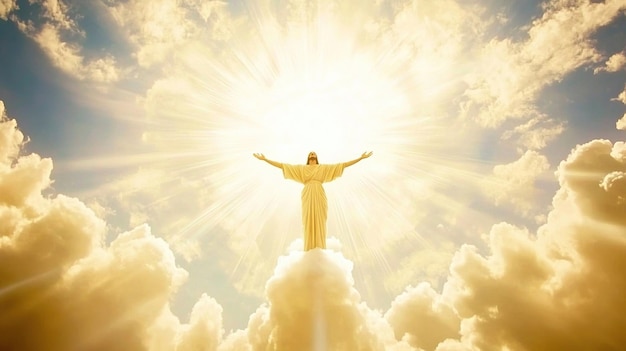 Photo jesus christ is standing on the clouds with open his arms and above sky