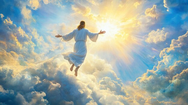 Photo jesus christ is standing on the clouds with open his arms and above sky