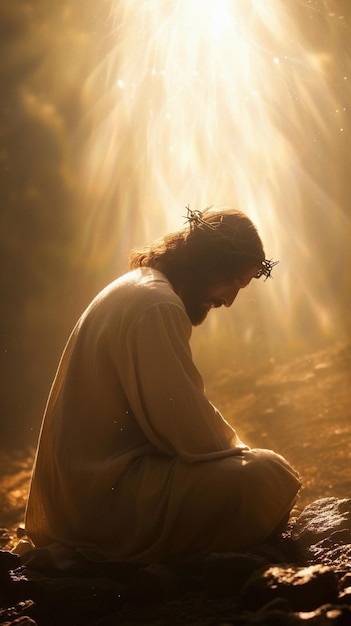 Photo jesus christ in prayer during a moment of deep reflection illuminated by divine light faith concept