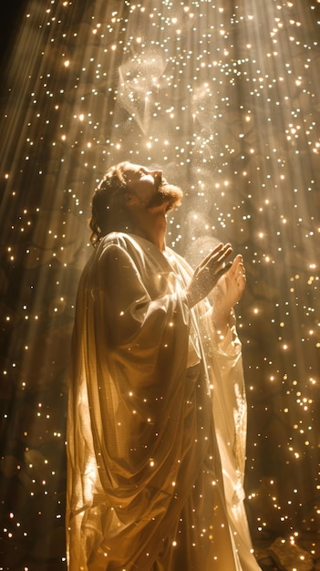 Jesus Christ in prayer surrounded by swirl of golden lights Concept of divine communion prayerful meditation holy reverence Easter divinity Christian beliefs resurrection religious Vertical