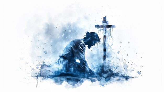 Photo jesus christ praying kneeling in pain sorrow forgiveness cross crucifixion christianity faith hope religion religious spiritual god watercolor painting artistic blue white background