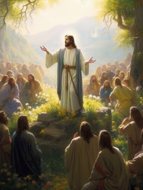 Jesus Christ reads a sermon in front of a crowd of believers