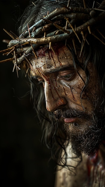 jesus christ representation of Calvary on the cross with crown of thorns and wounds faith and religion