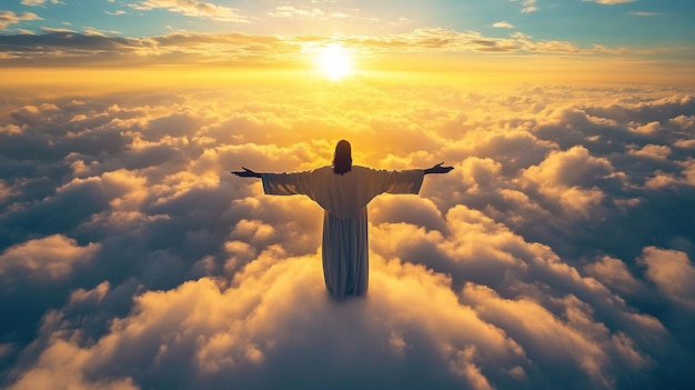 Photo jesus christ standing on the clouds with open his arms and looking towards heaven