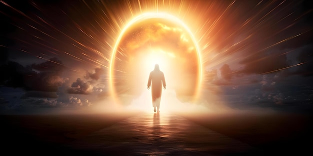 Photo jesus christ walking towards heaven with a glowing light behind him concept religious art spiritual imagery divine inspiration heavenly scenes