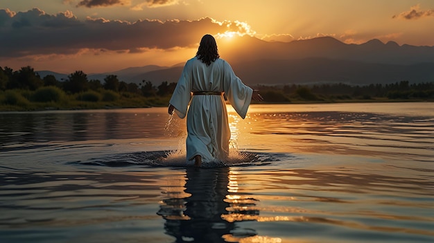 Jesus Christ walking on water during golden hour Religious theme with the heart and the Son of God the savior