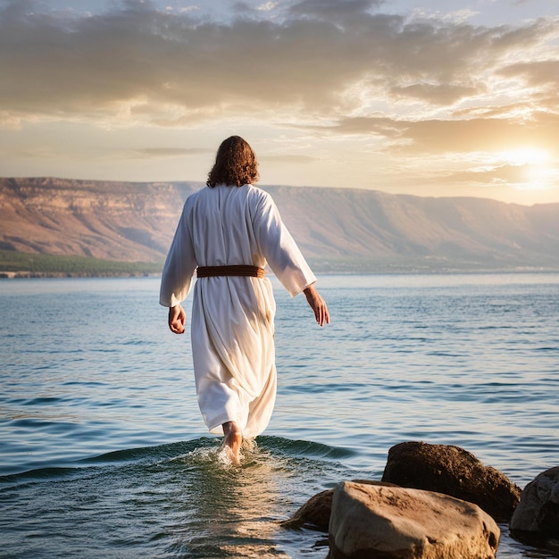 Jesus Christ walking on water on the sea of Galilee generative ai