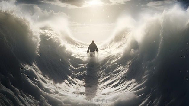 Jesus Christ walking on water Storm with huge waves AI generated