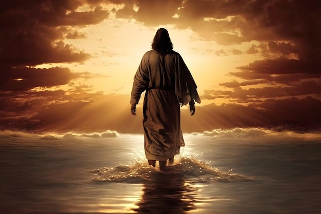 Jesus Christ walking on the water on the sunset