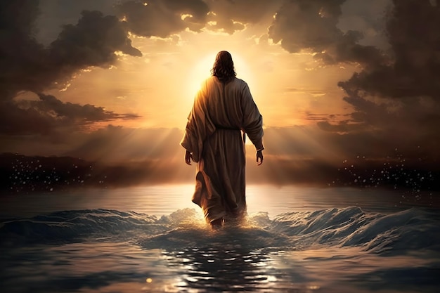 Jesus Christ walking on the water on the sunset