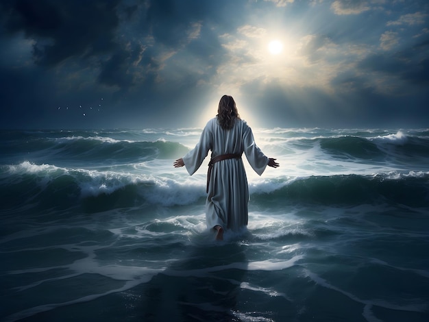 Jesus Christ walks on water across the sea and calms the sea and storm