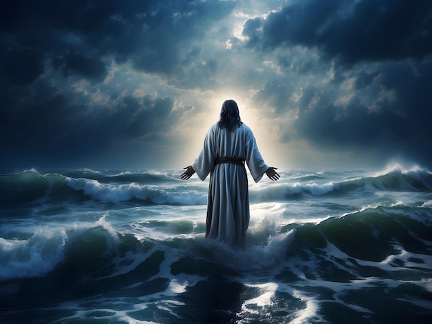 Jesus Christ walks on water across the sea and calms the sea and storm