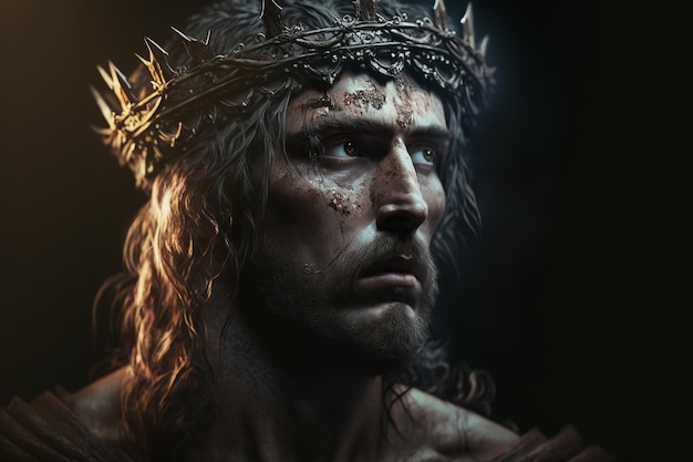 Jesus Christ with Crown of Thorns Easter Crucification or Resurrection concept He is Risen Religious easter and good friday Savior of mankind