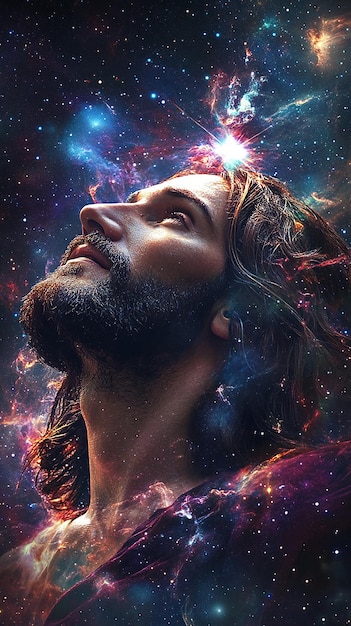 Photo jesus in a cosmic setting surrounded by celestial elements