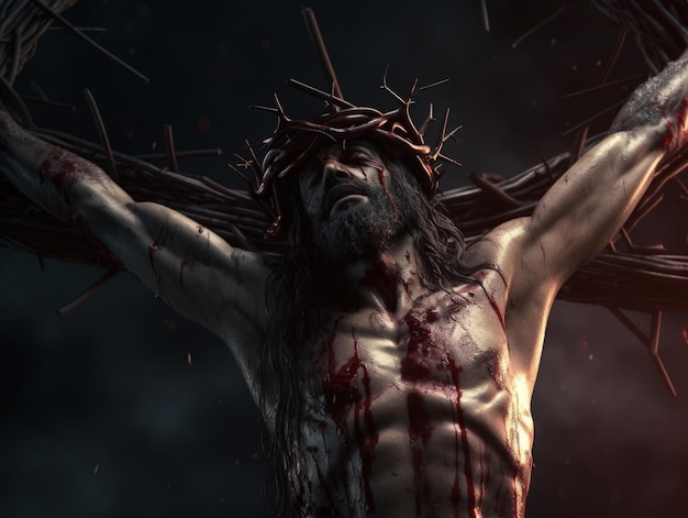 Jesus on the cross with blood on his crown