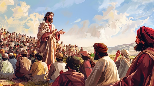 Jesus delivering sermon on the mount teaching love forgiveness and compassion