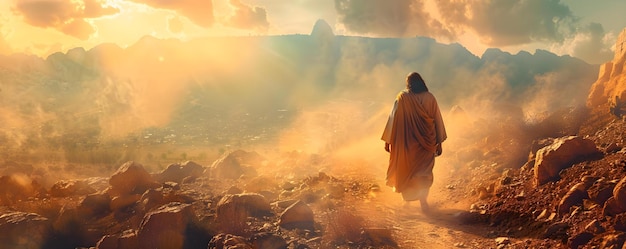 Jesus depicted on dusty path making journey towards ancient city of Jerusalem Concept Religious Art Biblical Scene Jesus Christ Journey Jerusalem