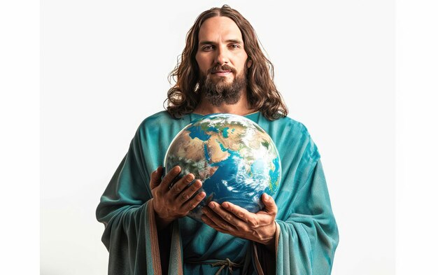 Jesus Embracing Planet Earth on a White Background Jesus Cradling the Earth Against a White Backdrop