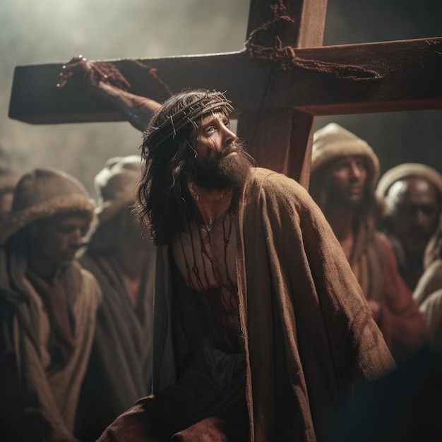 jesus holding a cross with people behind