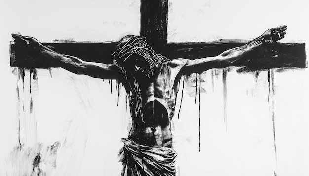 Photo jesus on the iron cross black and white on white background