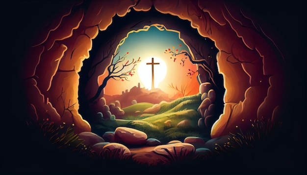 Jesus is risen illustration of an empty tomb from inside with a cross in the background Easter card illustration