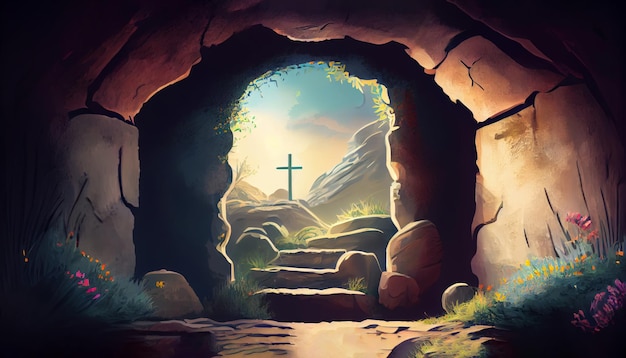 Jesus is risen illustration of an empty tomb from inside with a cross in the background Easter card illustration