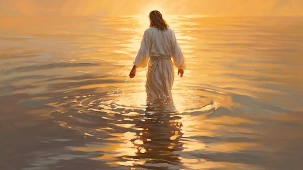 Jesus is seen in an artistic oil painting walking on water with the background lighted by the sun GENERATE AI