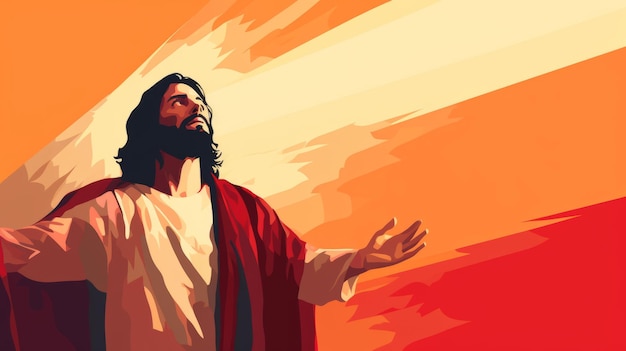 jesus is standing in front of an orange and red background