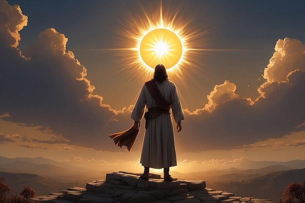 Jesus is standing in front of a sun with the sun behind him