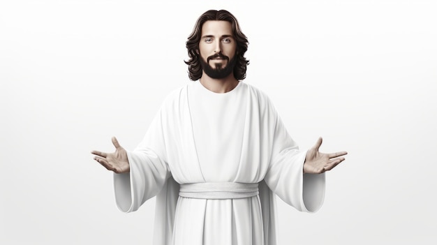 jesus is standing in front of a white background