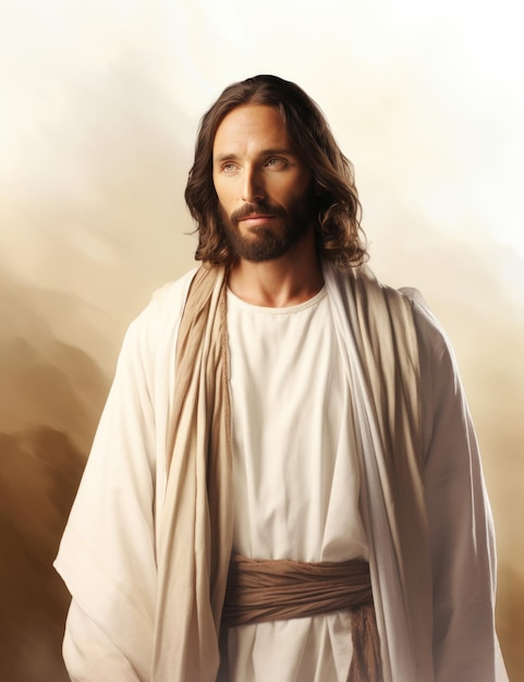 jesus is standing in front of a white background