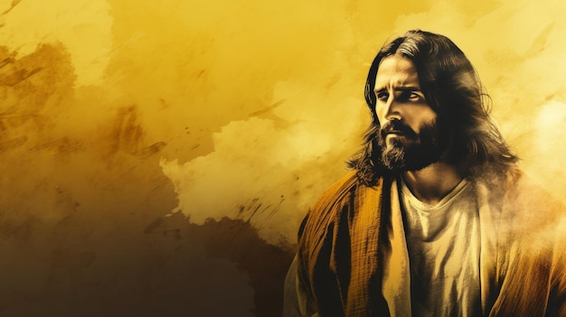 jesus is standing in front of a yellow background