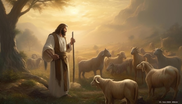 Jesus is walking in the meadow with the sheep Jesus is shepherding Generative Ai