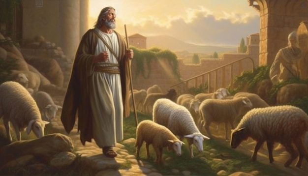 Jesus is walking in the meadow with the sheep Jesus is shepherding Generative Ai