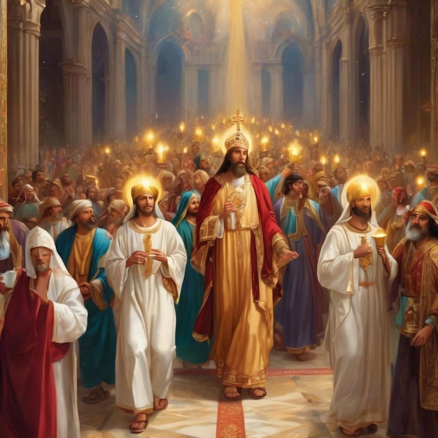 Jesus leading his disciples as they walk through a church