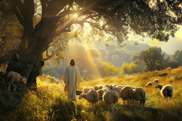 Jesus leading sheep in serene meadow captured with Canon