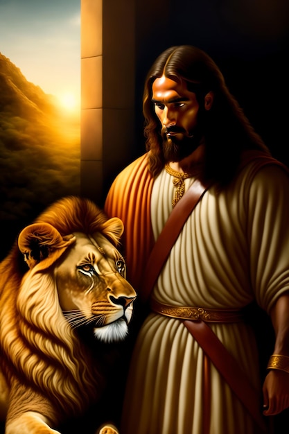 Jesus and a lion by the light of the setting sun