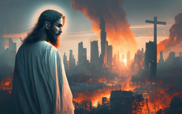 Jesus looks at the ruined city on fire AI Generated image