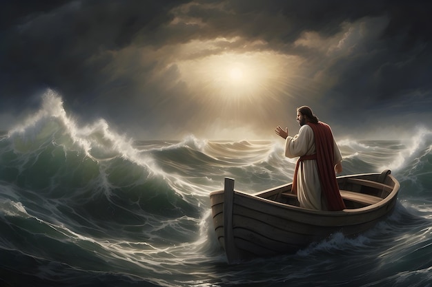 Jesus miraculously walks on water and calms the sea