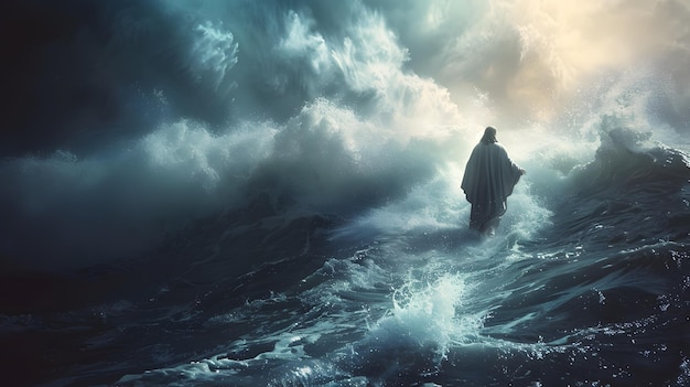 Jesus miraculously walks on water and calms the sea