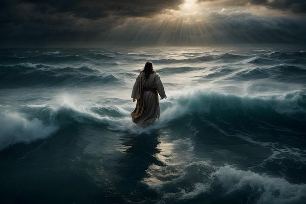 Jesus miraculously walks on water and calms the stormy sea