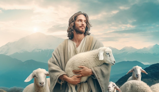 Jesus recovered the lost sheep carrying it in his arms Biblical story conceptual theme