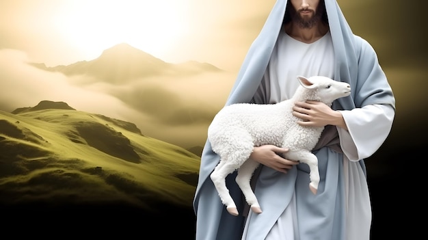 Jesus recovered the lost sheep carrying it in his arms Biblical story conceptual theme