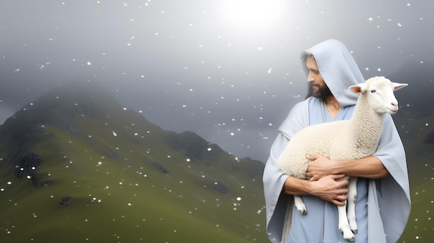 Jesus recovered the lost sheep carrying it in his arms Biblical story conceptual theme