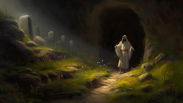 Jesus resurrection scene from the bible oil painting cave Generative AI