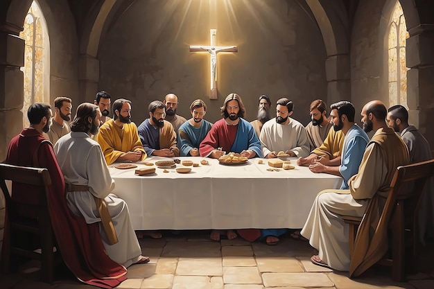 Jesus sat with his disciples for Holy Communion