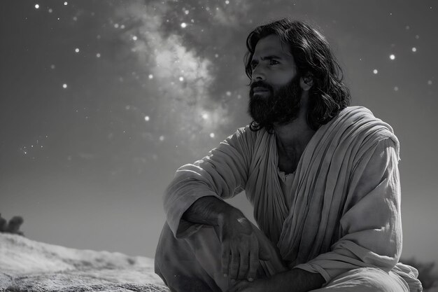 Photo jesus sitting on a rock in the wilderness gazing up at the night sky filled with stars