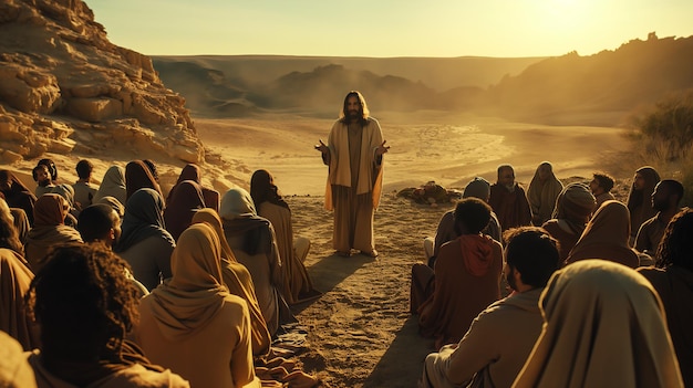 Jesus stands speaking in the midst of a desert landscape surrounded by a diverse group of people